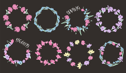  Set of gentle spring flowers wreaths. Vector illustration of floral round frames.