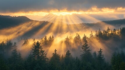 Fototapeta premium Golden sunrise rays pierce through misty mountain forest