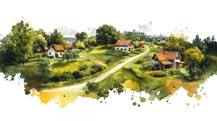 A serene rural village with quaint cottages and winding paths isolated on a transparent background