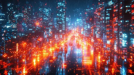 Futuristic cityscape at night with vibrant neon lights and digital effects