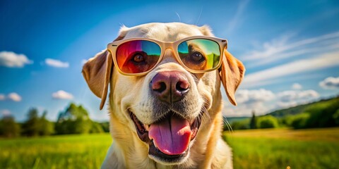 Happy Labrador Retriever Dog Wearing Sunglasses, Summer Fun, Pet Photography