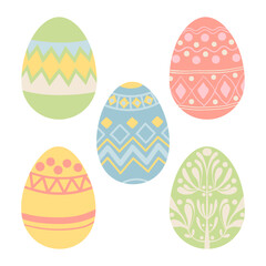 Easter eggs set. Happy easter painted decorative eggs collection painted with different colored patterns for hunting celebration, cards, easter decor, banners. Spring holiday traditional symbol.