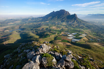 Scenic aerial view of Stellenbosch winelands and Simonsberg mountain