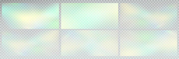 Rainbow light prism effect, transparent background. Hologram reflection, crystal flare leak shadow overlay.