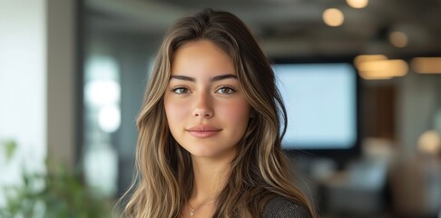 Fototapeta premium young and professional female employee, giving presentation background, generative ai