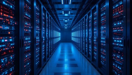 Fototapeta premium Server Room Data Center with Rows of Operating Computer Equipment