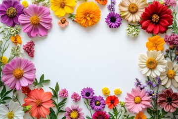Vibrant garden flowers arranged in a semi-circular border, ideal for greeting cards, invitations, or seasonal promotions for weddings, spring, and Mother's Day.