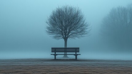 Foggy Tranquility A Minimalist Scene with a Bench and Leafless Tree in Misty Winter Landscape