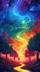 Fototapeta premium Colorful stylized path through a vibrant, surreal landscape, with a starlit sky. Use Desktop wallpaper, poster
