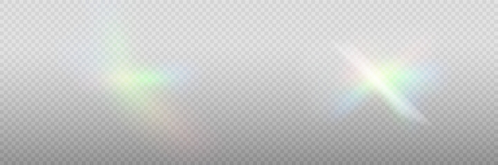 Rainbow crystal light leak flare reflection effect. Vector illustration set. Colorful optical rainbow lights beam lens flare leak overlay streaks on transparent dark background