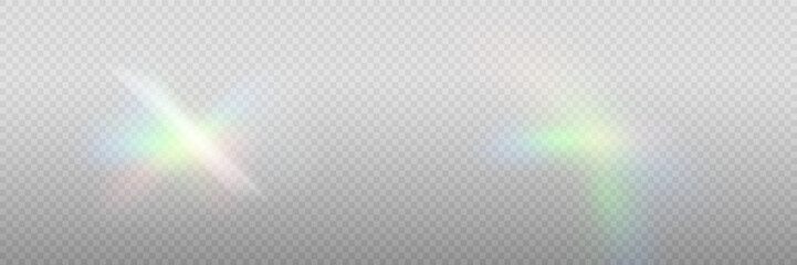Fototapeta premium Rainbow crystal light leak flare reflection effect. Vector illustration set. Colorful optical rainbow lights beam lens flare leak overlay streaks on transparent dark background