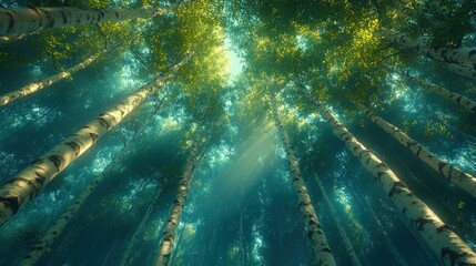 Obraz premium Calm Blue Birch Tree Branches Reaching Upward Under Soft Light