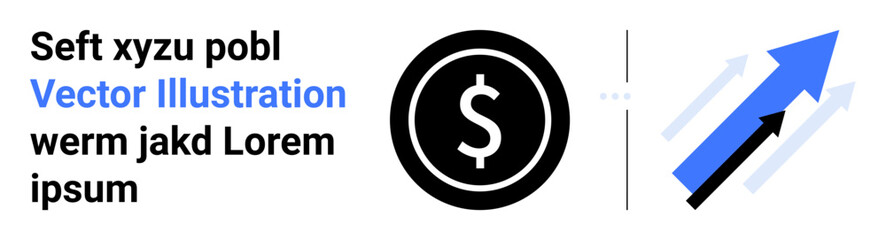 Black dollar symbol next to dynamic blue and white upward arrows symbolizing financial success trends. Ideal for financial services, business growth, investment, economy, corporate strategy