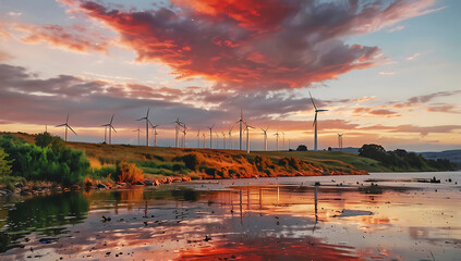 Obraz premium A large wind turbines stand tall on a hill, their blades contrasting against the cloudy sky. The sky is a mix of light and dark clouds, suggesting a partly cloudy day. 