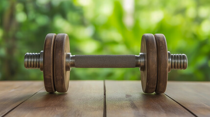 Dumbbell rests on a wooden surface surrounded by greenery in a tranquil outdoor setting perfect for fitness activities