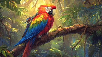 Scarlet Macaw on Tree Branch Lush Tropical Rainforest Sunlight Artistic Illustration