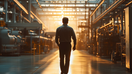 Fototapeta premium Private equity investor walking through an industrial facility during golden hour