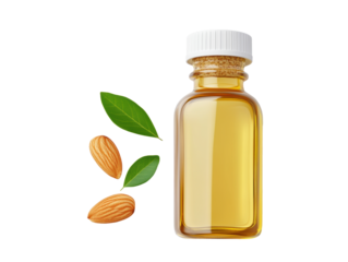 Almond oil in a bottle with almonds and leaves on display on a transparent background, cut out