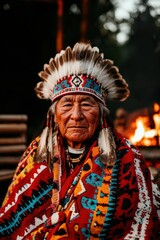 Obraz premium Elderly Native American wearing headdress by campfire, embracing heritage & tradition