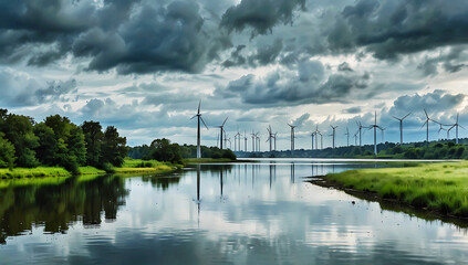 A large wind turbines stand tall on a hill, their blades contrasting against the cloudy sky. The sky is a mix of light and dark clouds, suggesting a partly cloudy day.  