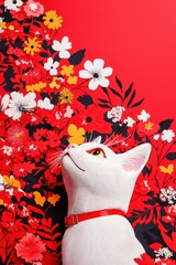 White Cat looking up with red floral design background, for Luck concept