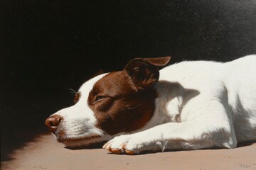 Dog rests in the sunlight in front of a dark background for pet product ads