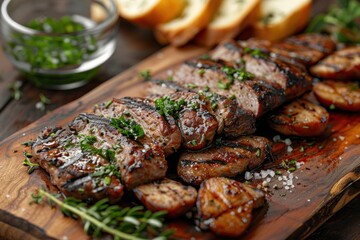 Grilled steak slices on wooden board with herbs, garlic bread in background