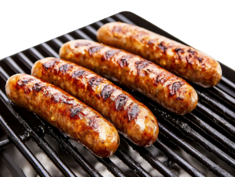 Juicy sausages grilling on a barbecue for summer cookout on a transparent background, cut out