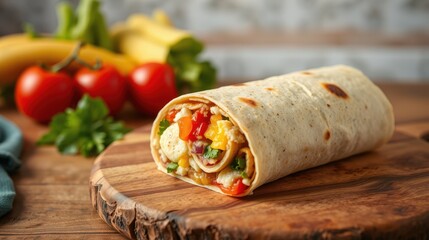 Flavorful Breakfast Wrap with Vegetables and Eggs on Wooden Board