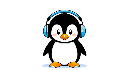 Obraz premium Cute penguin with headphones, playful and music-loving cartoon character design