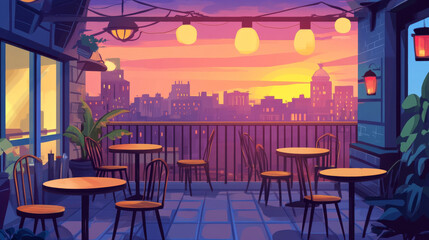 Obraz premium Restaurant on rooftop or building terrace with city view. Vector parallax background for 2d game animation with cartoon illustration of empty patio on roof or balcony with cafe furniture