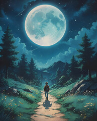 Fototapeta premium Image showing a traveler under a full blue moon.