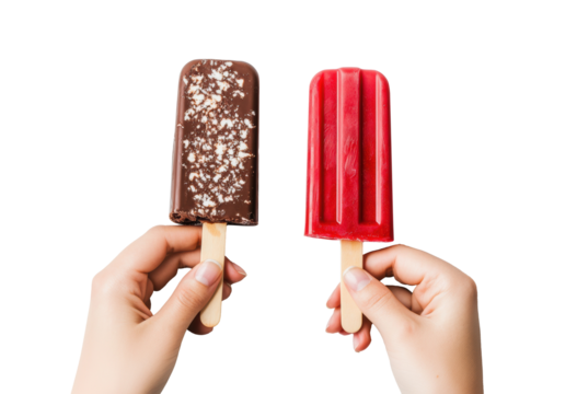 Two colorful ice cream pops held by hands on a transparent background, cut out