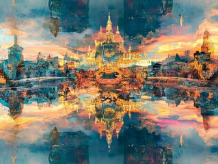 Fototapeta premium Ornate city reflected in shimmering water abstract