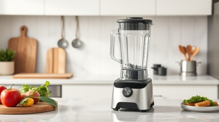 Modern Kitchen with Blender and Fresh Ingredients on Countertop