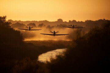 Fototapeta premium Three planes fly low over a foggy river in the sunset. Stock for travel concepts