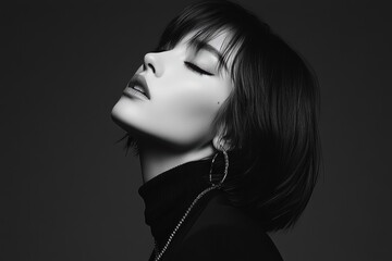 Elegant Woman Profile in Monochrome with Dramatic Lighting and Makeup