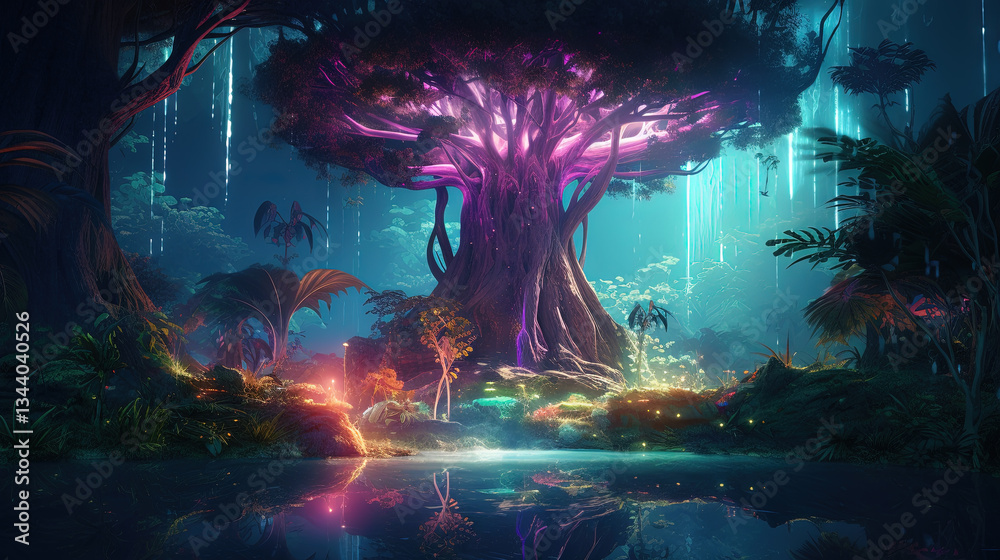 Poster neon-lit tree in a mystical jungle with glowing light and vibrant reflections
