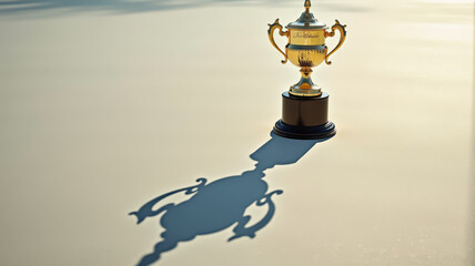 Golden trophy with dramatic shadow on light background