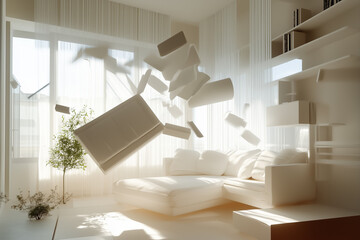 concept of living room with furniture flying throug the air