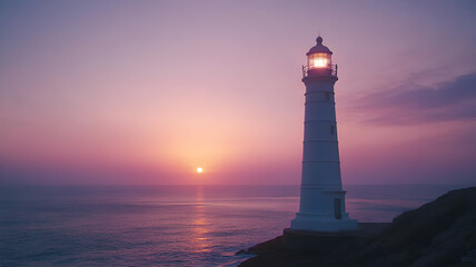 Lighthouse standing on a coastal cliff at sunset with warm purple and pink sky