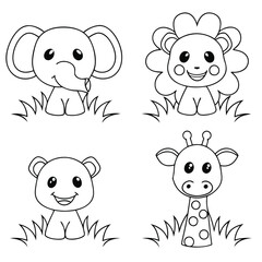 Adorable Safari Animal Friends Playful Cartoon Coloring Page