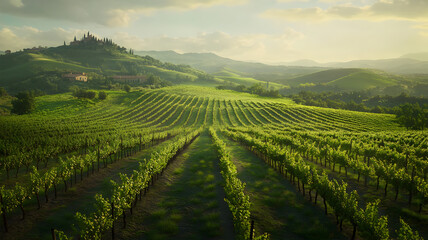 Naklejka premium Sunlit vineyard in rolling green hills with distant villa under a scenic sky