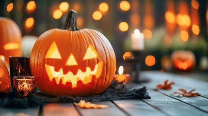 Fototapeta premium Halloween's Glowing Embrace: Carved jack-o'-lanterns illuminate a rustic scene with candlelight, evoking the spirit of Halloween and autumn's cozy charm.