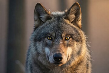 Fototapeta premium An intense, close-up portrait of a majestic grey wolf with piercing eyes in dramatic light. A symbol of wildlife, freedom, and the wilderness.
