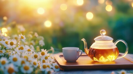Serene Tea Moment: A glass teapot and teacup on a wooden tray sit amidst a field of flowers and soft bokeh lights, creating a tranquil scene.