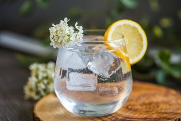 Refreshing drink garnished with lemon and white flowers placed on a wooden surface