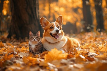 Corgi Dog and Striped Cat Enjoying Autumn in Forest with Golden Fallen Leaves