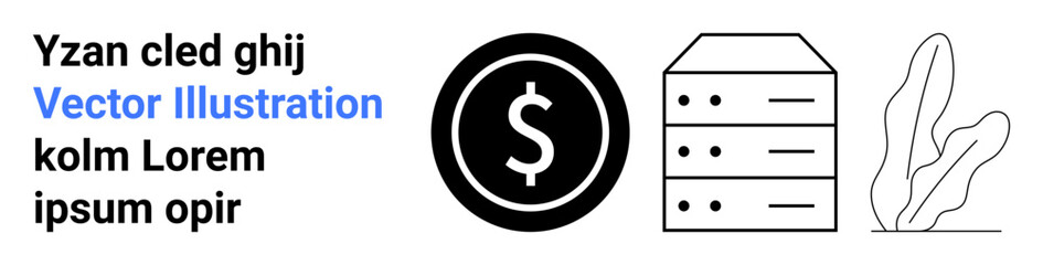 Dollar coin icon, server stack, and plant silhouette. Ideal for finance, data storage, investment, digital economy, growth, technology services simple landing page