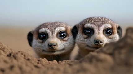 Fototapeta premium Two meerkats peek from burrow